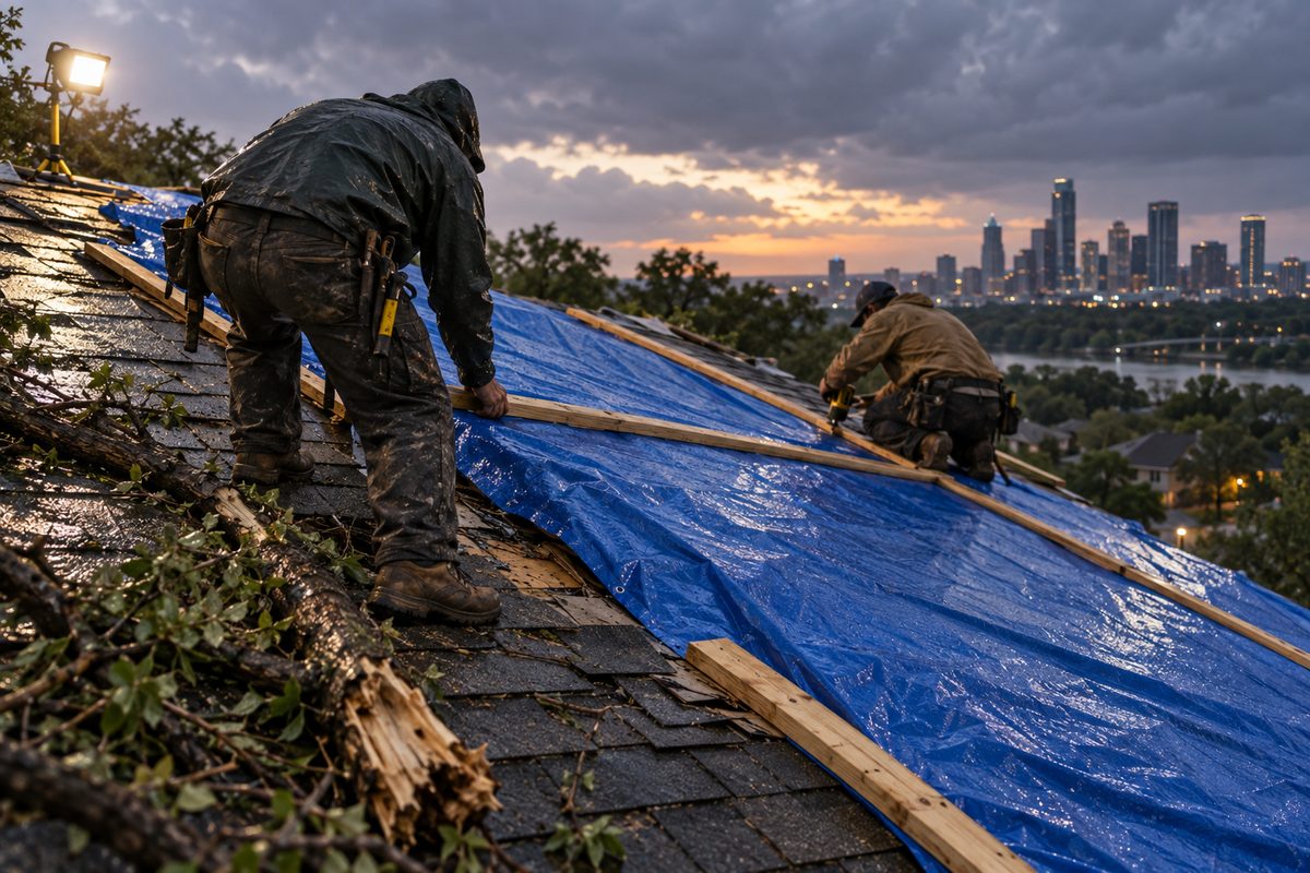 Roofers battening down an emergency tarp over storm damage on a wet shingle roof