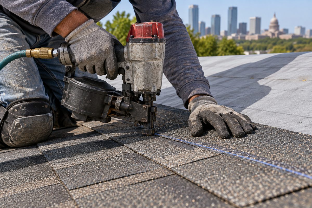 Roofer nailing architectural shingles along a chalk line over synthetic underlayment