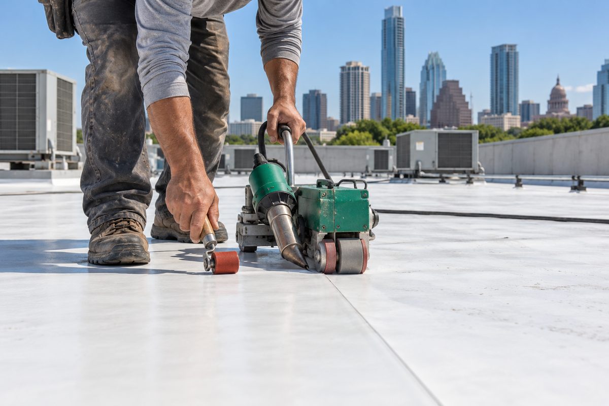 Roofer hot-air welding a white TPO membrane seam on a flat commercial roof